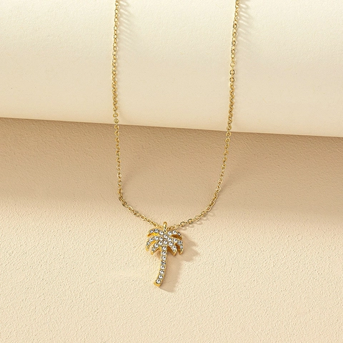 Alloy Rhinestone Palm Tree Pendant Necklace Gold Color Summer Beach Style Tropical Jewelry For Women