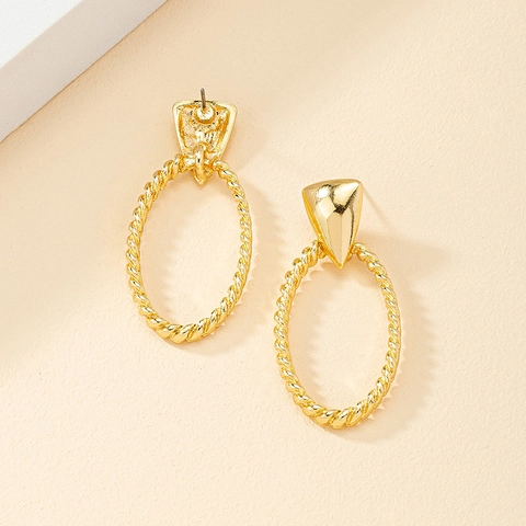 Orecchini Pendenti Geometrici In Lega Oro Testurizzati Triangolo Ovale Metallo Intrecciato Stile Francese Per Donna