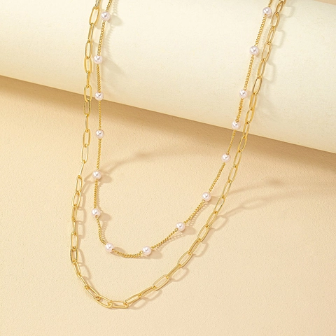Dubbellaagse Ketting Legering Paperclip Ketting Met Witte Imitatieparels Trendy Elegante Sieraden Voor Dames