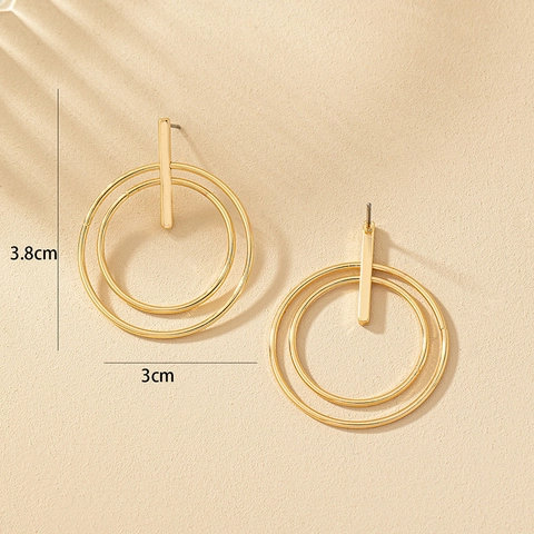 Geometric Double Circle Drop Earrings Minimalist Gold Layered Alloy Dangle Jewelry For Women Modern Style