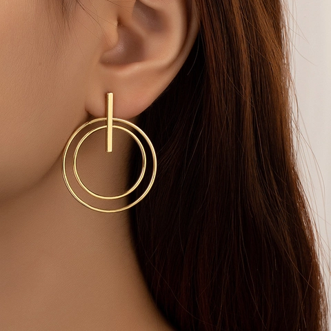 Geometric Double Circle Drop Earrings Minimalist Gold Layered Alloy Dangle Jewelry For Women Modern Style