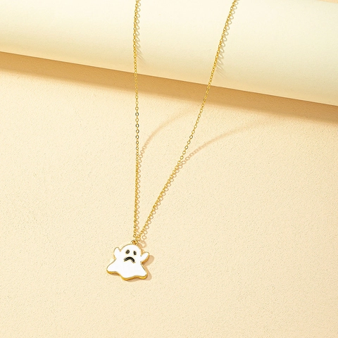 Ghost Pendant Necklace Alloy Enamel White Halloween Jewelry Gift For Women Punk Hip Hop Style Gold Color Chain