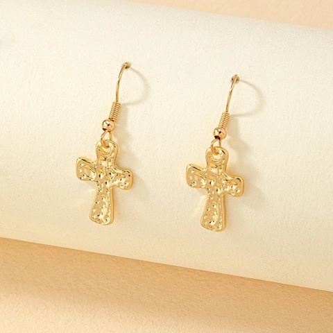 Hammered Texture Cross Drop Earrings Gold Color Alloy Vintage Geometric Dangle Jewelry For Women