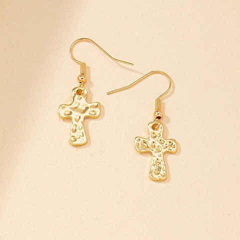 Hammered Texture Cross Drop Earrings Gold Color Alloy Vintage Geometric Dangle Jewelry For Women
