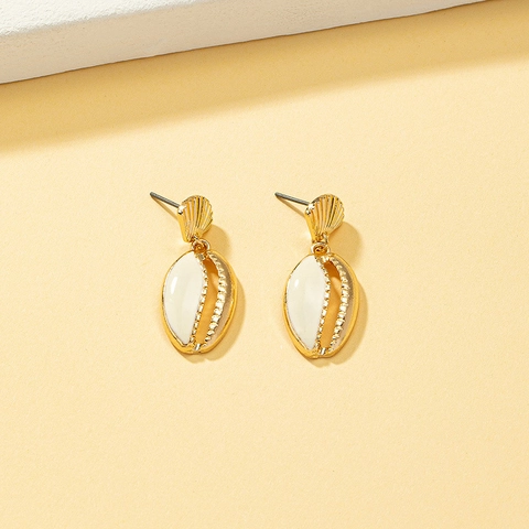 Shell Enamel Drop Earrings Gold Plated Alloy Summer Beach Vacation Bohemian Style Fashion Jewelry For Women