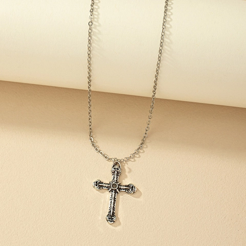 Vintage Geschnitzte Kreuz Anhänger Halskette Legierung Gothic Hip Hop Stil Schmuck Für Frauen Verstellbare Kette