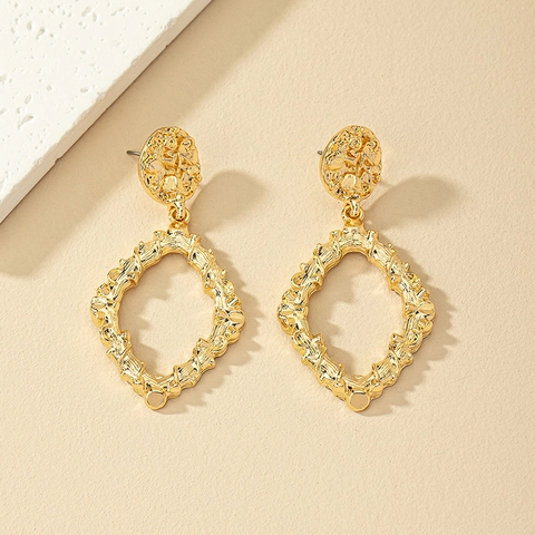 Gold Alloy Drop Earrings For Women Geometric Hollow Diamond Shape Irregular Hammered Texture Vintage Bold Minimalist