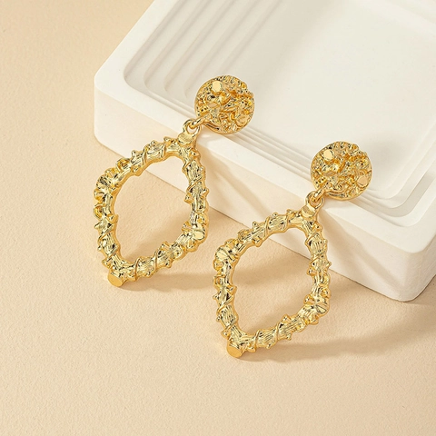 Gold Alloy Drop Earrings For Women Geometric Hollow Diamond Shape Irregular Hammered Texture Vintage Bold Minimalist