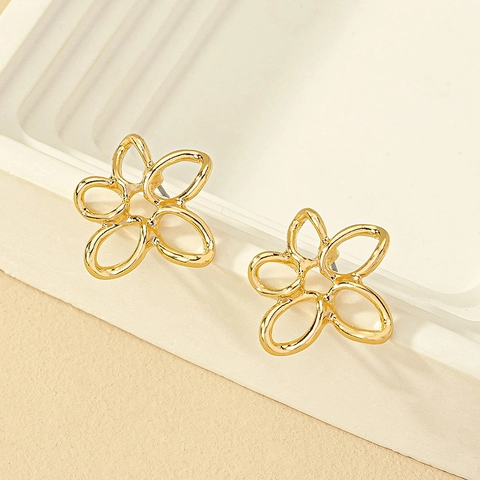 Pendientes Botón Flor Hueca Aleación Metálica Pétalo Minimalista Geométrico Joyería Moda Mujeres Tono Dorado
