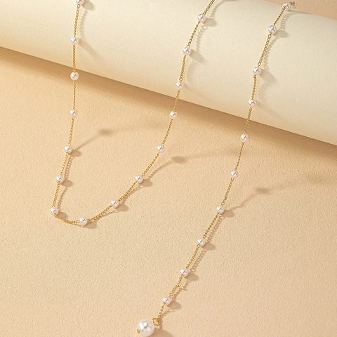 Elegant Imitation Artificial Pearl Back Chain Necklace For Women Gold Plated Alloy Long Body Chain Minimalist Dress Accessory