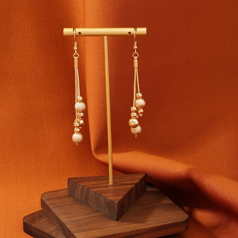 Vintage Alloy Tassel Dangle Earrings For Women Long Snake Bone Chain Round Polished And Frosted Beads Gold Color Fashion