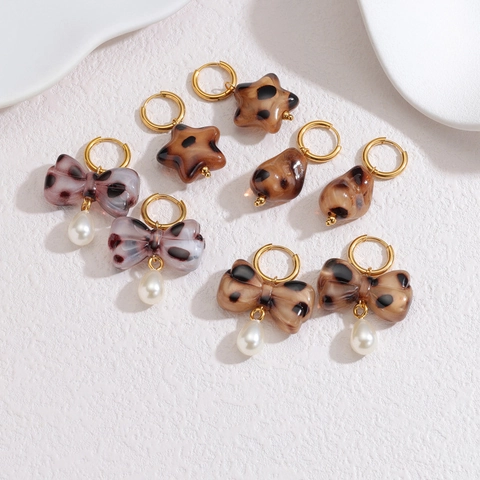 Stainless Steel Hoop Earrings With Leopard Print Resin Bow And Faux Artificial Pearl Drop Vintage Retro Style For Women