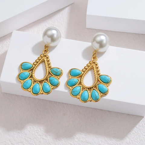 Boucles d'Oreilles Bohémiennes Vintage en Acier Inoxydable pour Femmes Perle Artificielle et Incrustation de Turquoise