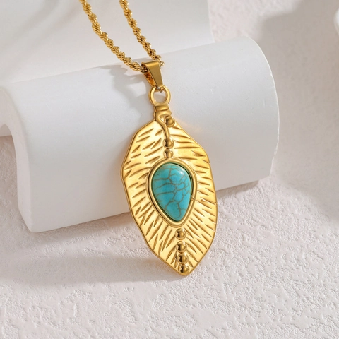 Collana Pendente Acciaio Inossidabile Turchese Placcato Oro Bohémien Vintage Libellula Piumα Croce Gioielli Etnici Donna