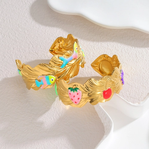 Stainless Steel Wide Cuff Bracelet Gold Plated Enamel Fruit Fish Pattern Vintage Wave Texture Open Adjustable Women Jewelry
