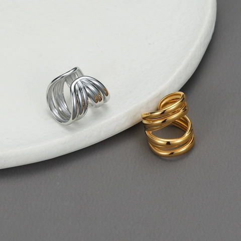Ear Cuffs Minimalistes En Acier Inoxydable À Plusieurs Couches De Vagues Plaqué Or 18K Creux Géométriques Boucles D'oreilles Sans Perçage Femmes