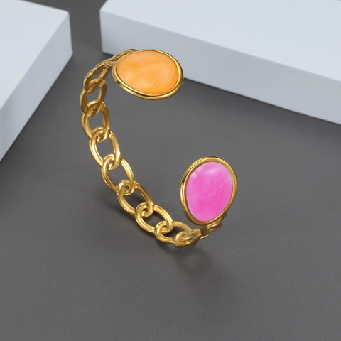 Stainless Steel Open Bangle 18K Gold Plated Chain Link Cuff Bracelet With Pink Orange Enamel Ends Elegant Luxury Women