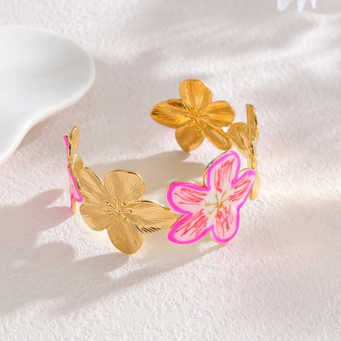 Blumen Offener Armreif 18K Vergoldet Edelstahl Bunter Emaille Floral Vintage Verstellbar Armreif Damen Schmuck
