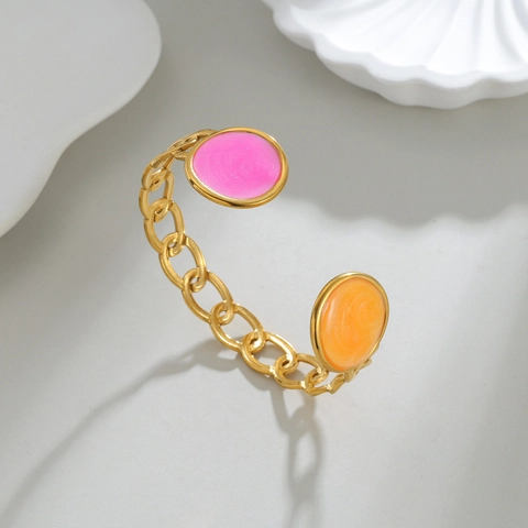 Stainless Steel Enamel Chain Link Open Bangle For Women 18K Gold Plated Pink Orange Oval Decor Luxury Fashion Jewelry Bracelet