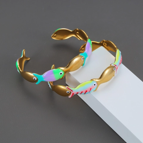 Fisch Offener Armreif Armband 18K Vergoldet Edelstahl Bunte Emaille Tropföl Tierform Luxus Schmuck Für Damen