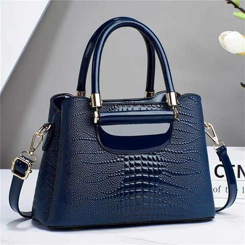 Bolsos De Mujer PU Cuero Patente Cocodrilo Piedra Cuadros Relieve Gran Capacidad Bolso Hombro Cruzado Elegante Estructurado