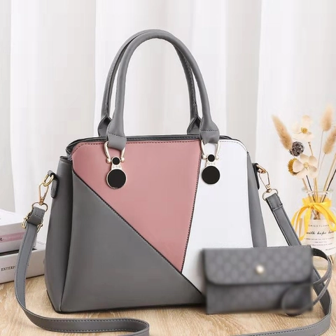 Women PU Leather Handbag And Small Pouch Geometric Patchwork Contrast Color Large Capacity Tote Shoulder Bag Crossbody