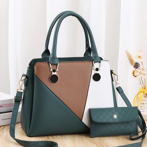 Women PU Leather Handbag And Small Pouch Geometric Patchwork Contrast Color Large Capacity Tote Shoulder Bag Crossbody
