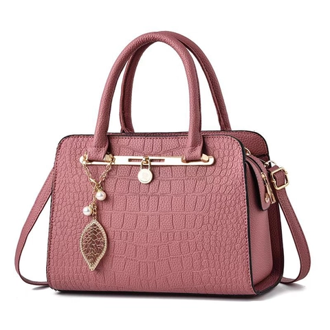 Elegante Borsa A Mano Da Donna In Pelle PU Motivo Coccodrillo Ciondolo Foglia Dorata Perla Artificial Borsa A Tracolla