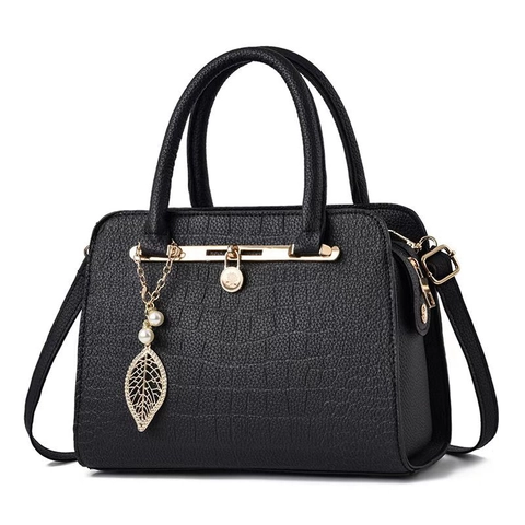 Elegante Borsa A Mano Da Donna In Pelle PU Motivo Coccodrillo Ciondolo Foglia Dorata Perla Artificial Borsa A Tracolla