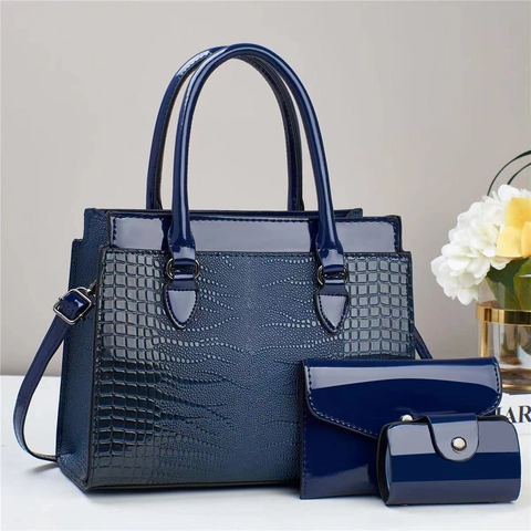 Women Handbag Clutch And Card Holder Set Crocodile Embossed Glossy PU Leather Large Capacity Shoulder Tote Bag Vintage