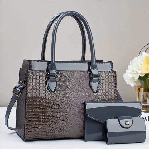 Women Handbag Clutch And Card Holder Set Crocodile Embossed Glossy PU Leather Large Capacity Shoulder Tote Bag Vintage