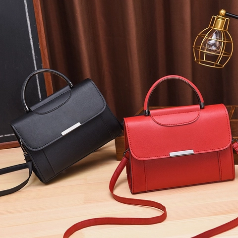 Women Top Handle Shoulder Bag PU Leather Small Square Flap Crossbody Purse Fashionable Korean Style Solid Patterned