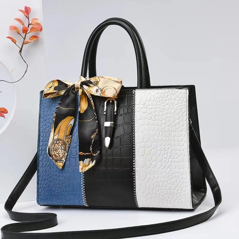 Borsa Da Donna In Pelle PU Motivo Coccodrillo Blocchi Di Colore Con Foulard Di Raso Borsa A Tracolla Grande Capacità Vintage