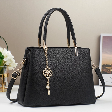 Bolso De Mano Para Mujer De Cuero PU Con Grano De Litchi Gran Capacidad Bolso Bandolera Con Colgante De Flor Y Perla Artificial