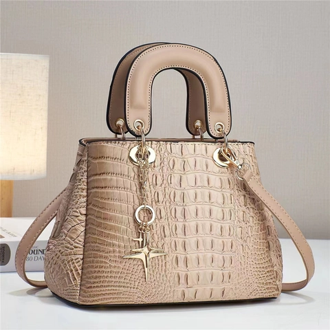 Women Crocodile Embossed Handbag PU Leather Top Handle Crossbody Bag With Star Pendant Gold Hardware Elegant Office Lady