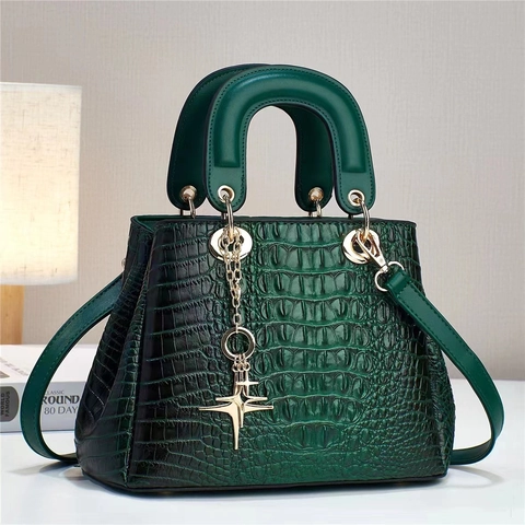 Women Crocodile Embossed Handbag PU Leather Top Handle Crossbody Bag With Star Pendant Gold Hardware Elegant Office Lady
