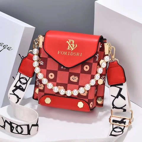 Women Shoulder Crossbody Bag PU Leather Checkerboard Print With Artificial Pearl Handle And Wide Fabric Strap Flap Closure Korean Style