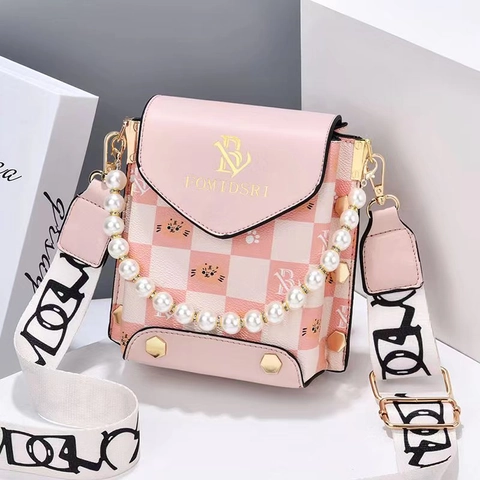 Women Shoulder Crossbody Bag PU Leather Checkerboard Print With Artificial Pearl Handle And Wide Fabric Strap Flap Closure Korean Style