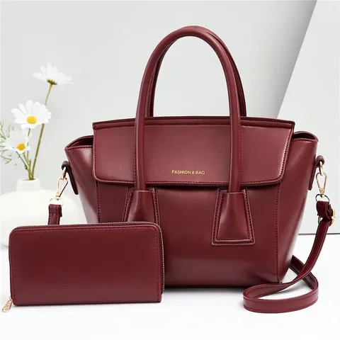 Women Retro PU Leather Tote Handbag Two Piece Set With Long Wallet Fashion Solid Color Shoulder Crossbody Bag For Daily Travel