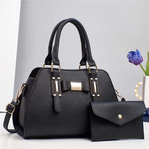 Borsa A Mano In Pelle PU Donna Motivo Litchi Decorazione Fiocco Borsa A Tracolla E Pochette A Busta Versatile Elegante