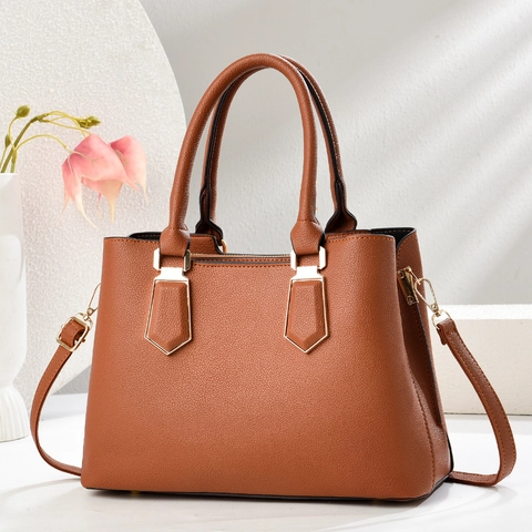 Women Handbag PU Leather Litchi Pattern Top Handle Shoulder Crossbody Bag Large Capacity Golden Hardware Minimalist