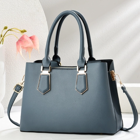 Women Handbag PU Leather Litchi Pattern Top Handle Shoulder Crossbody Bag Large Capacity Golden Hardware Minimalist