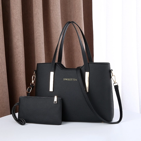 Elegant Women Tote Bag And Small Wallet Litchi Pattern PU Leather Removable Shoulder Strap Handbag For Commute