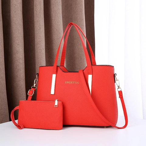 Elegant Women Tote Bag And Small Wallet Litchi Pattern PU Leather Removable Shoulder Strap Handbag For Commute