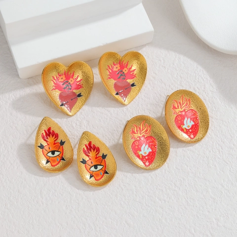 Sacred Heart Stud Earrings Stainless Steel 18K Gold Plated Vintage Enamel Art Style Heart Teardrop Oval Shape For Women