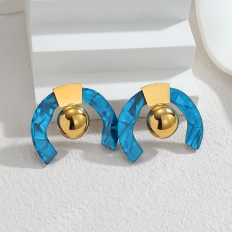 Geometrische C-Vorm Drop Oorbellen Met 18K Verguld Roestvrij Staal En Marmeren Textuur Hars Voor Vrouwen Trendy Sieraden