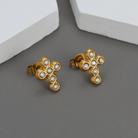 Cross Stud Earrings Stainless Steel 18K Gold Plated Cubic Zirconia Religious Fashion Jewelry For Women Elegant Simple