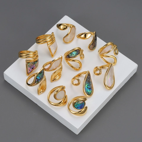 Anillo Ajustable Abierto Con Incrustación De Concha Geométrica Irregular Joyería Minimalista De Acero Inoxidable Chapado En Oro Para Mujer