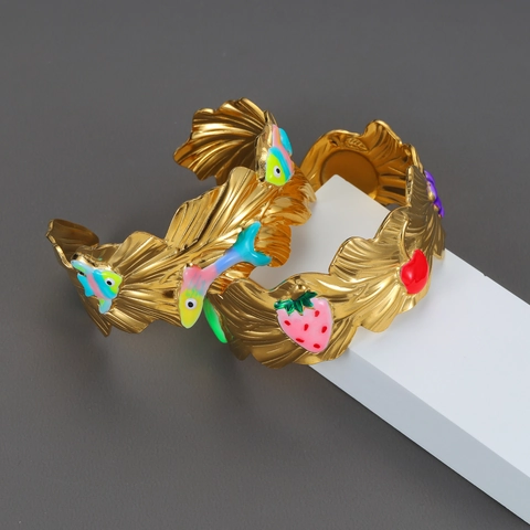 Stainless Steel Wide Cuff Bracelet Gold Plated Enamel Fruit Fish Pattern Vintage Wave Texture Open Adjustable Women Jewelry