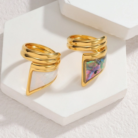 Vintage Edelstahl 18K Vergoldet Muschel Ring Für Damen Geometrisch Abalone Perlmutt Offener Verstellbarer Ring Schmuck